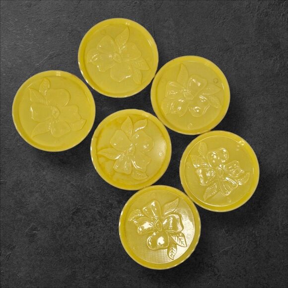 Set of 6 Vintage Yellow Plastic Coasters 3” Floral Embossed “Not an Ash Tray” - Picture 2 of 7